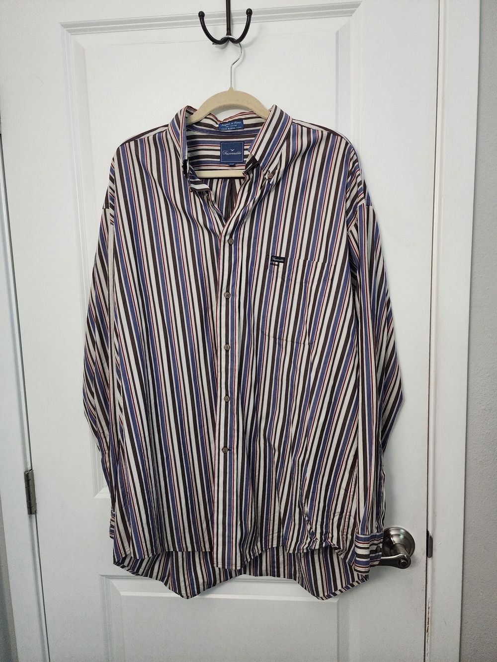 Faconnable Men's Striped Button-Down Shirt - Navy, Brown & Cream - Picture 2 of 4